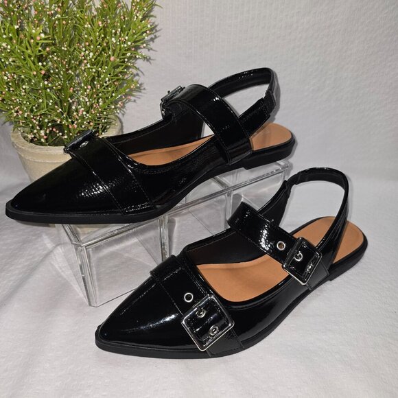 MADDEN GIRL BLACK PATENT LEATHER DOUBLE BUCKLE SLING BACK FLATS WOMENS SIZE 9 - Picture 2 of 10